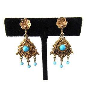 Vintage Signed ART Earrings Etruscan Reviaval Dangle Drop Faux Turquoise